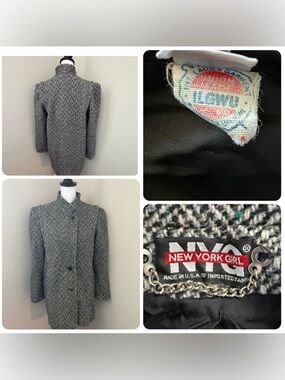 Nyg vintage  style black and white herringbone tweed wool coat.